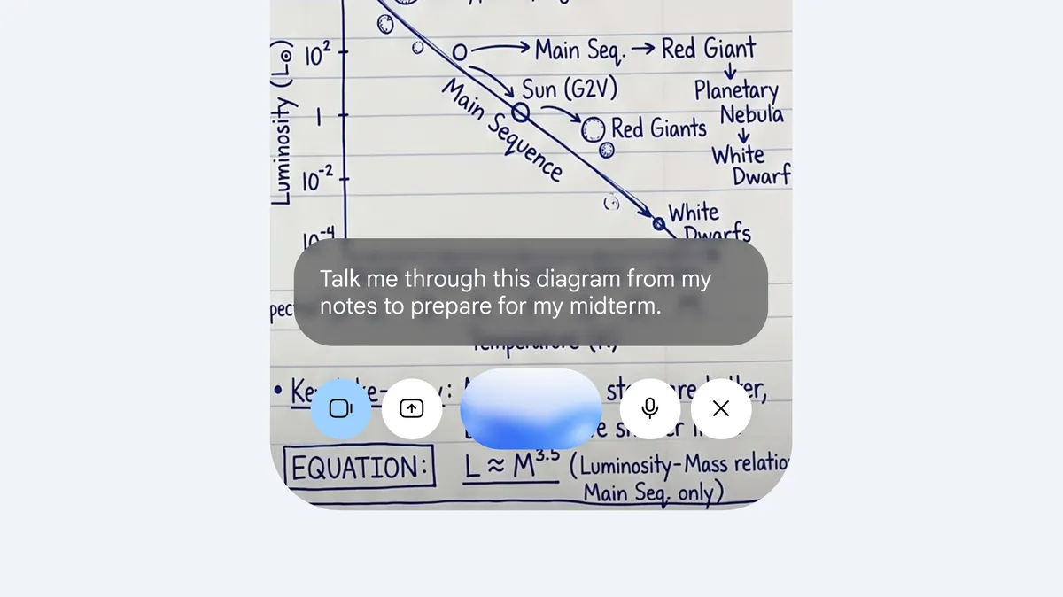 Example chat with Gemini Live asking "Talk me through this diagram from my notes to prepare for my midterm."