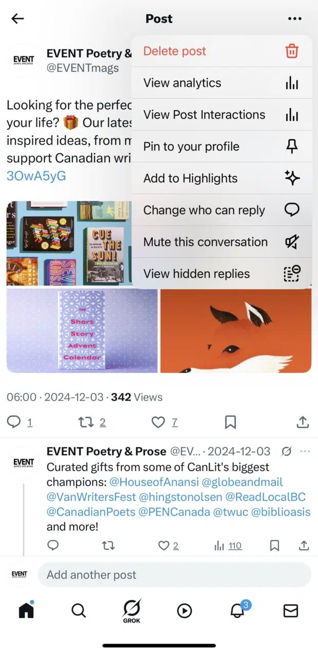 Dropdown menu showing View analytics option